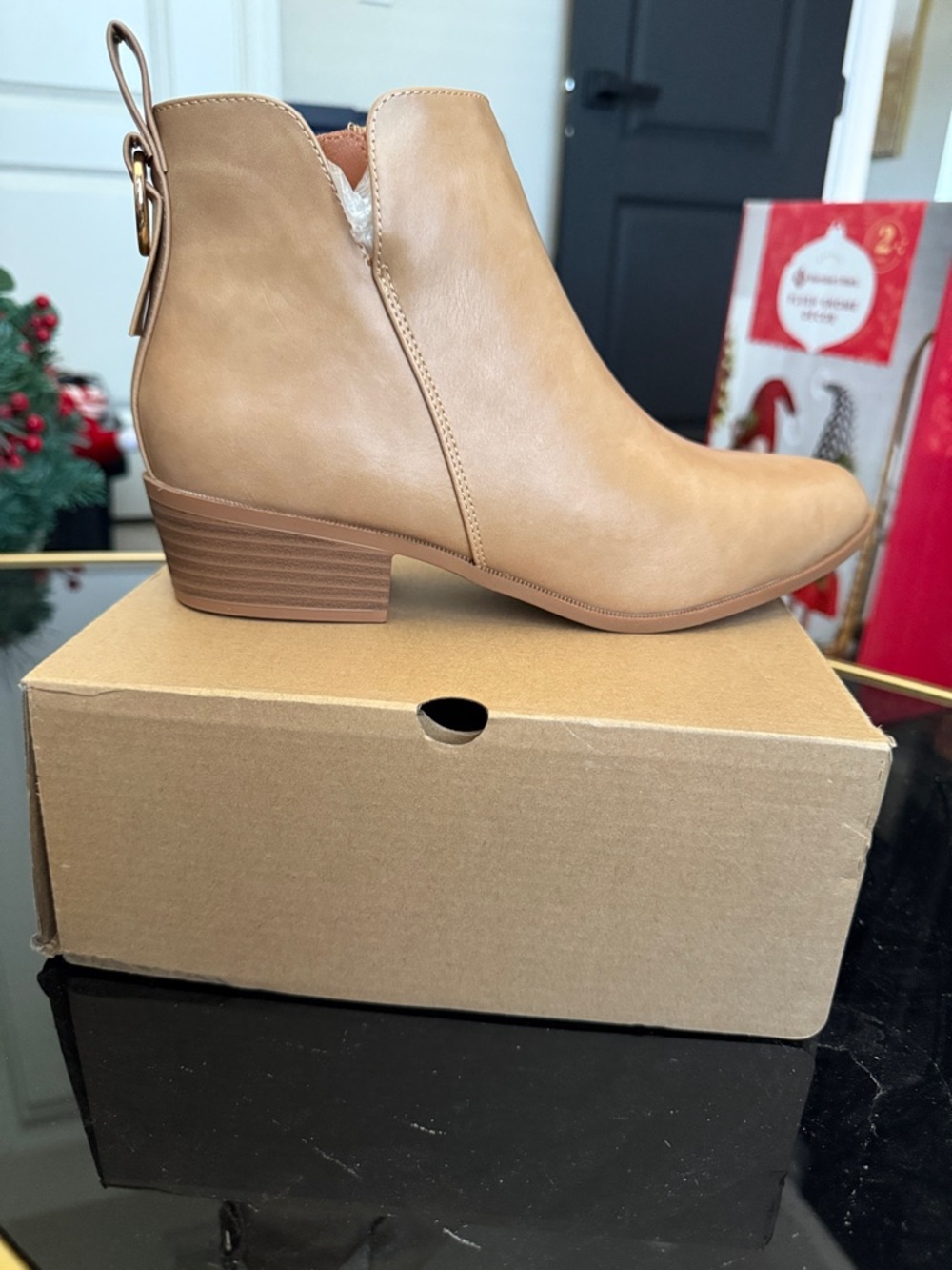 Women’s Tan Ankle Bootie with Low Stacked Heel